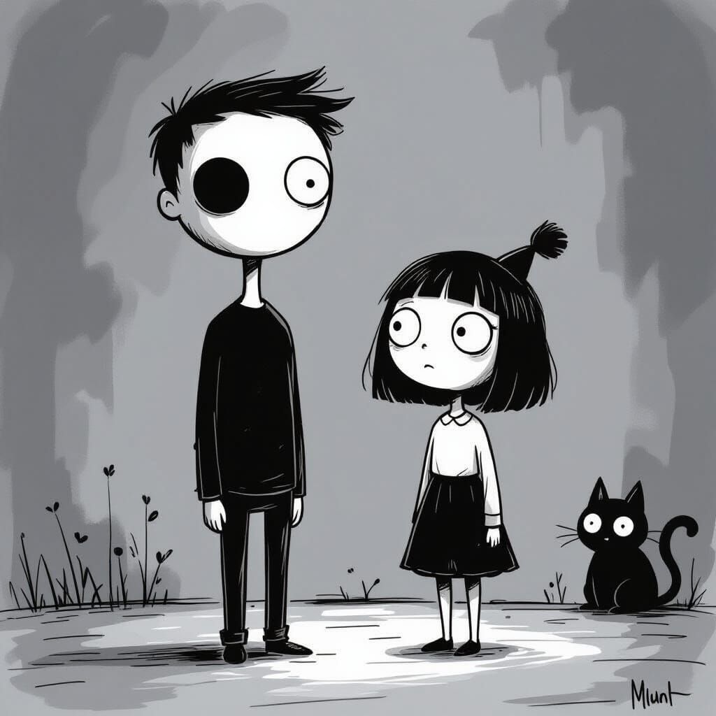 Somber Surreal Creature in Minimalist B&W Style