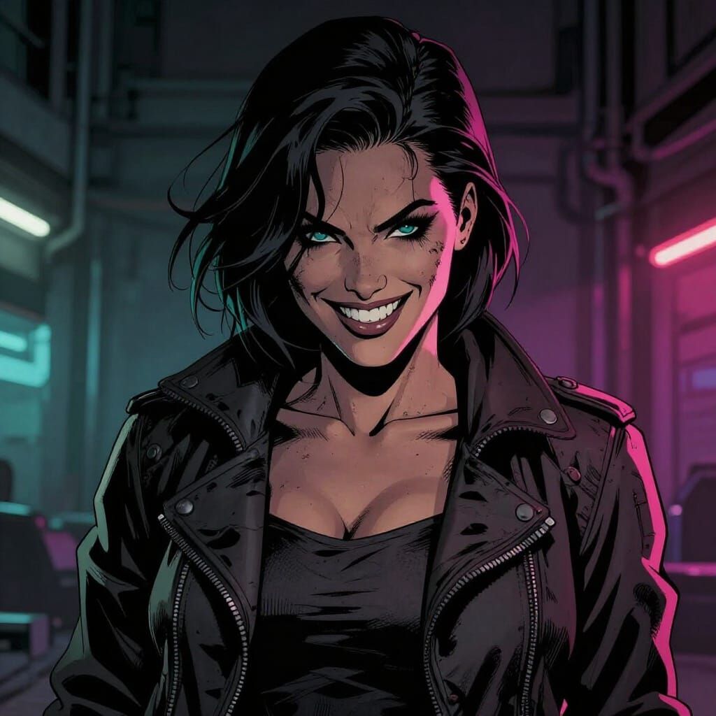 Confident Woman with Sly Smile in Cyberpunk Neo-Noir Style