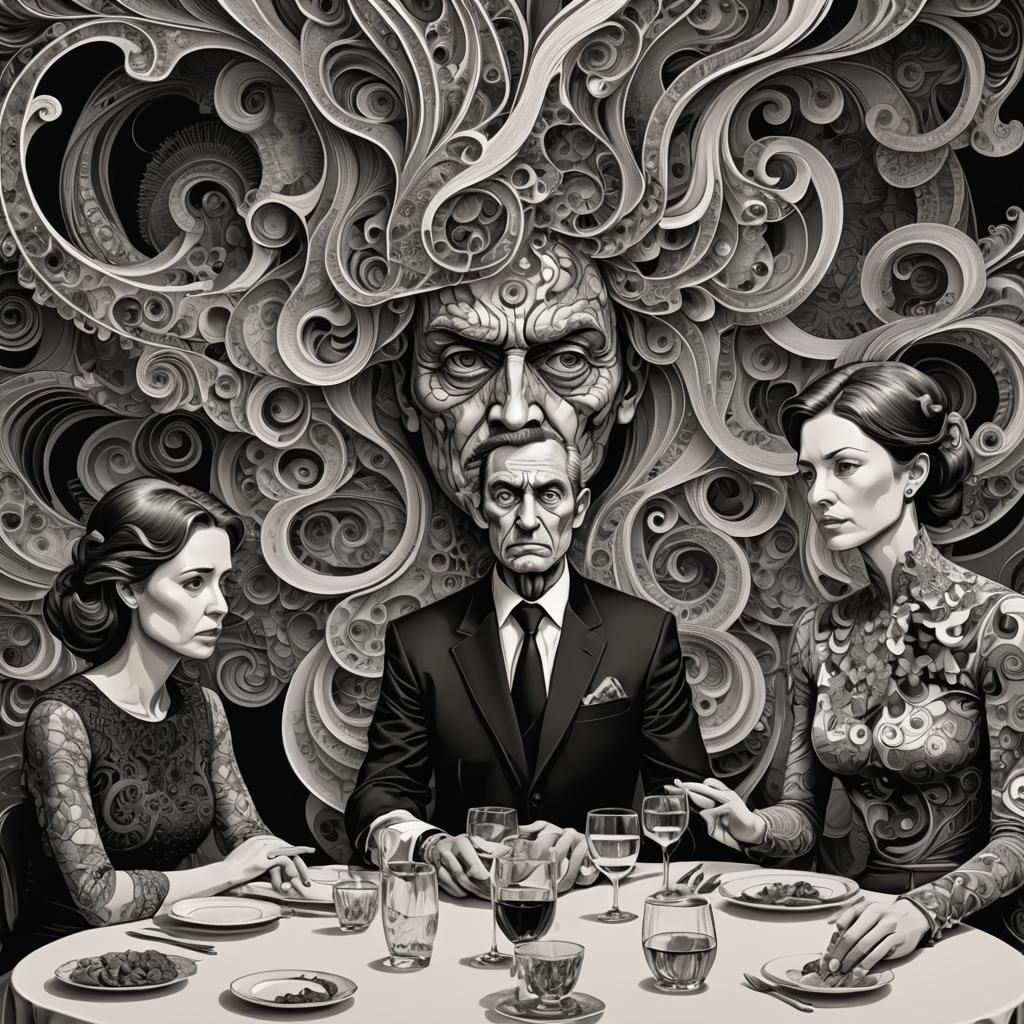 Tense Dining Scene with Abstract 3D Shading