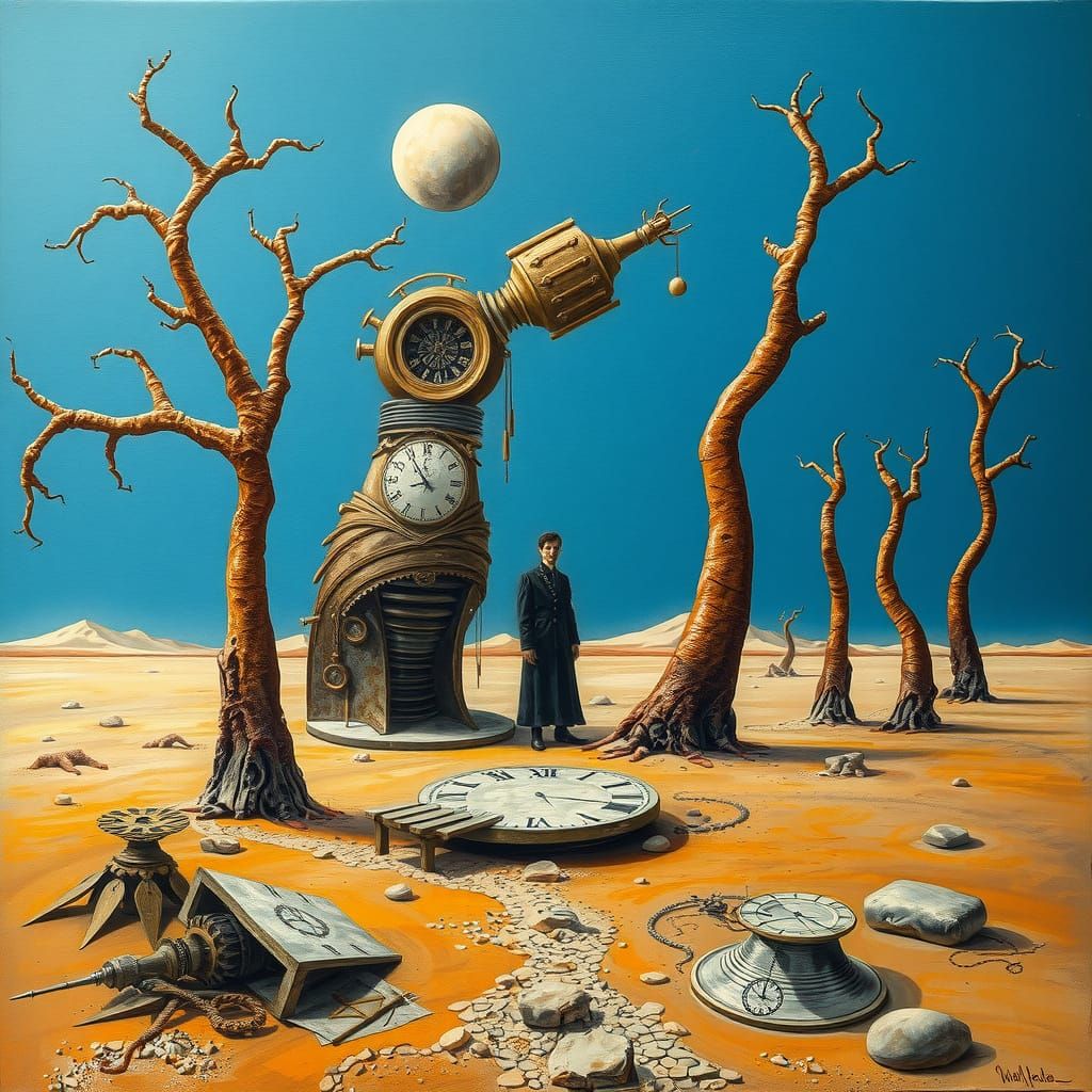 Surrealist Oil Painting of a Figure in a Barren Landscape