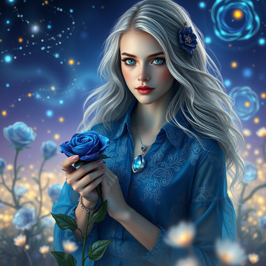 Ethereal Woman in Blue Rose Garden: Fantasy Art