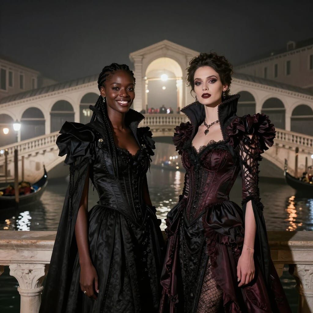 Gothic Fashion Models on Venice Bridge at Night