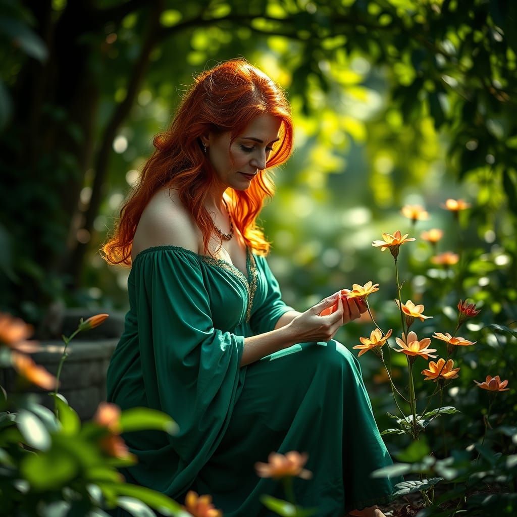 Ethereal Woman in Emerald Gown Amidst Vibrant Bloom