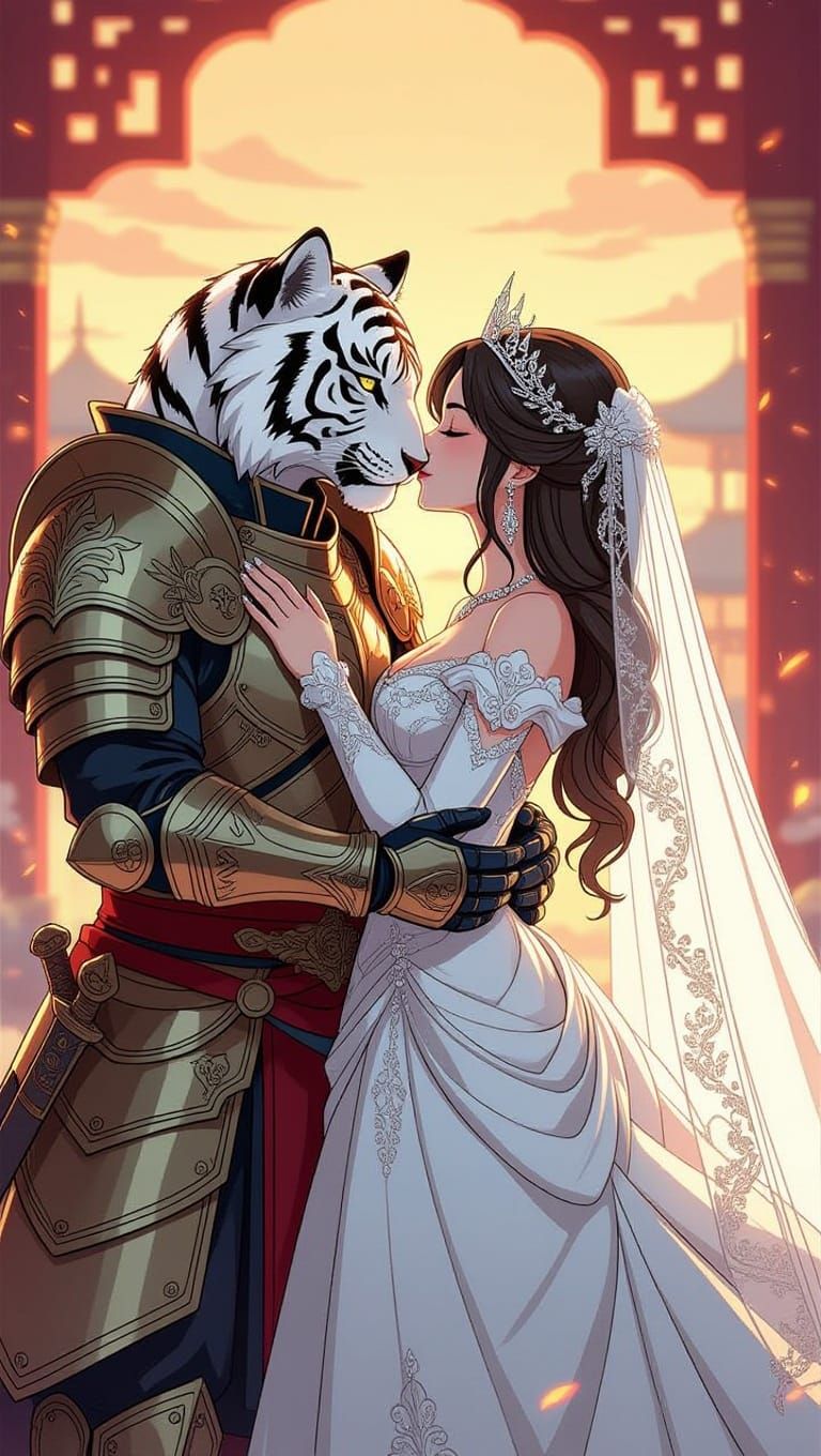 Cyborg Princess in Medieval Wedding Kiss with White Tiger Wa...