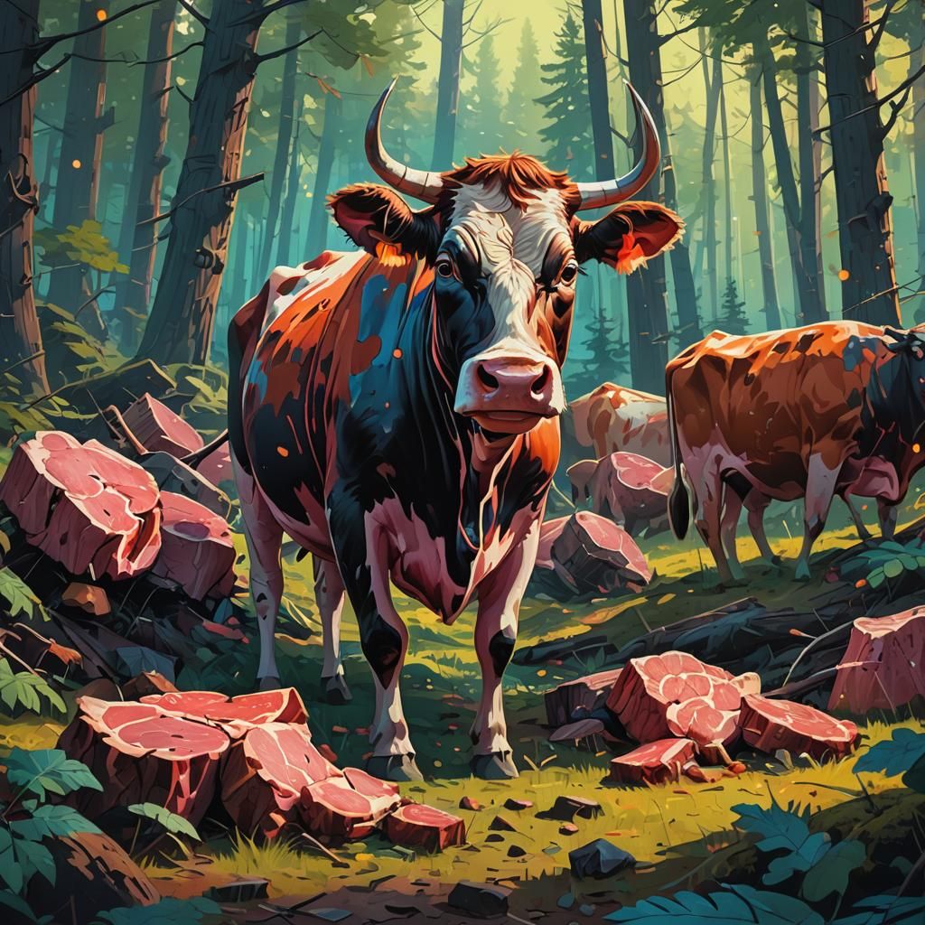 Surreal Dismembered Cow in Cartoon Forest