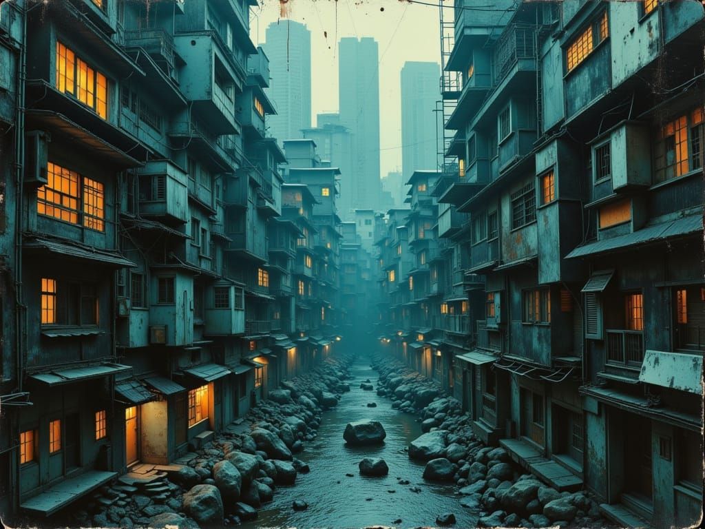 Kowloon Walled City Architectural Detail in Blue and Amber