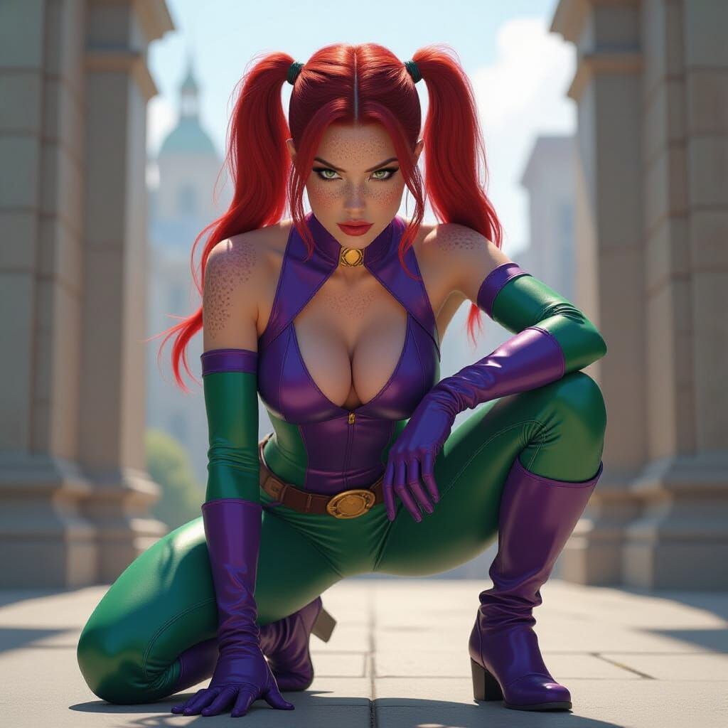 Superheroine in Purple and Green Costume with Red Hair