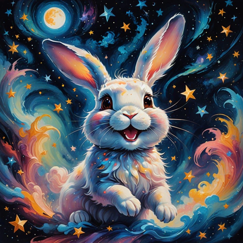 Laughing Bunny Floats in Space: Surreal Oil Painting