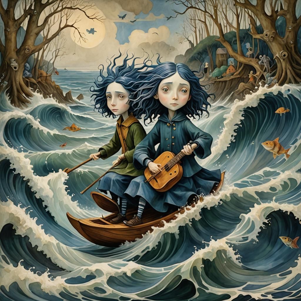 Cubist Coraline Rides a Wave: Fantasy Illustration