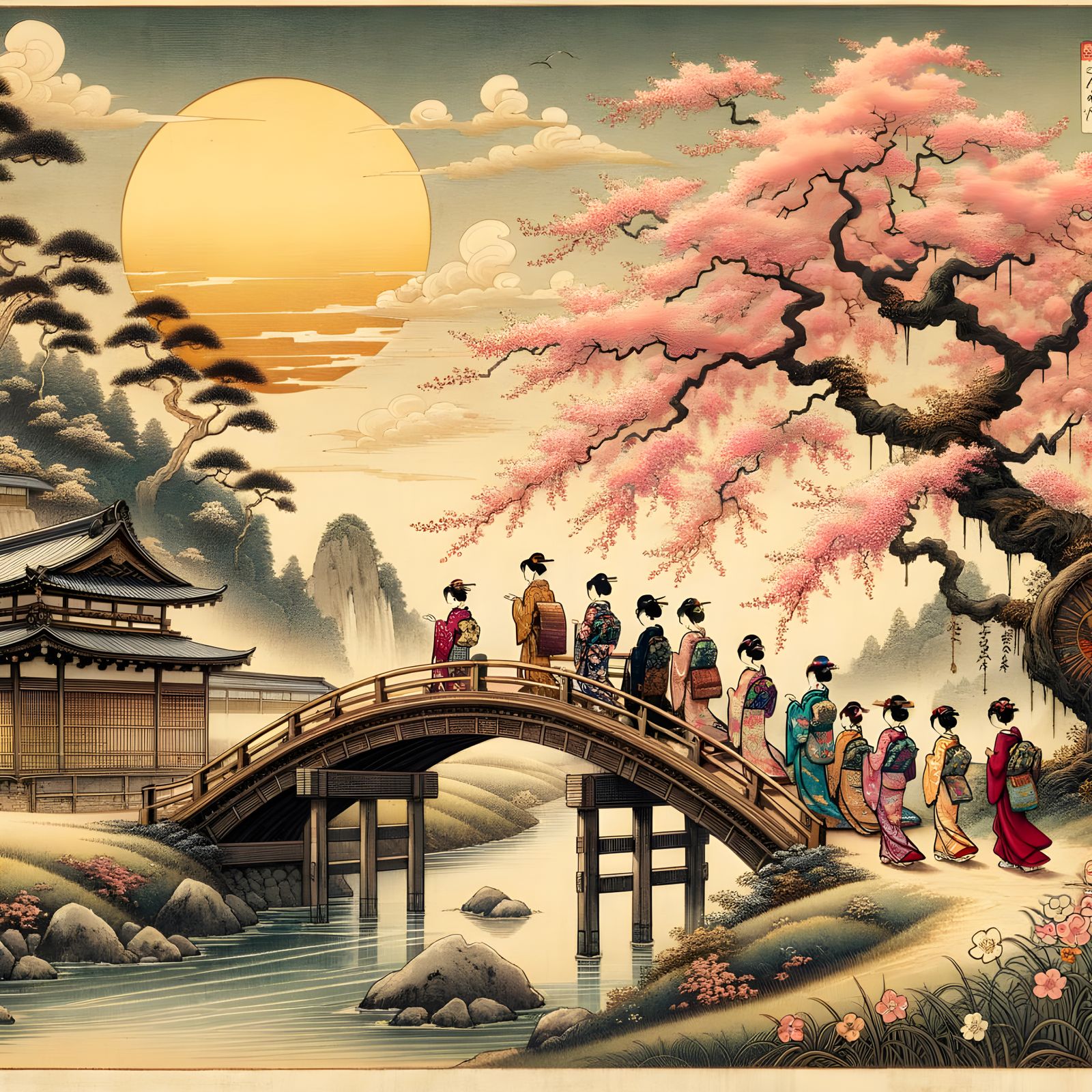 Edo Period Sakura Scene with Diverse Figures on Bridge
