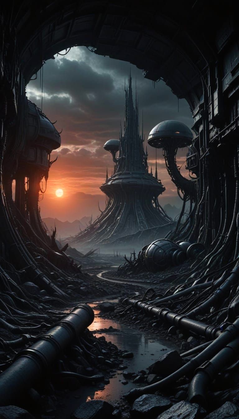 Surreal Distant Planet Landscape in Giger-esque Style