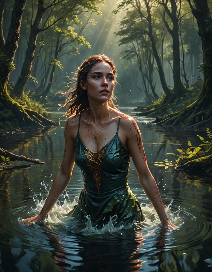 Beautiful Woman Emerges from Lake: Digital Illustration
