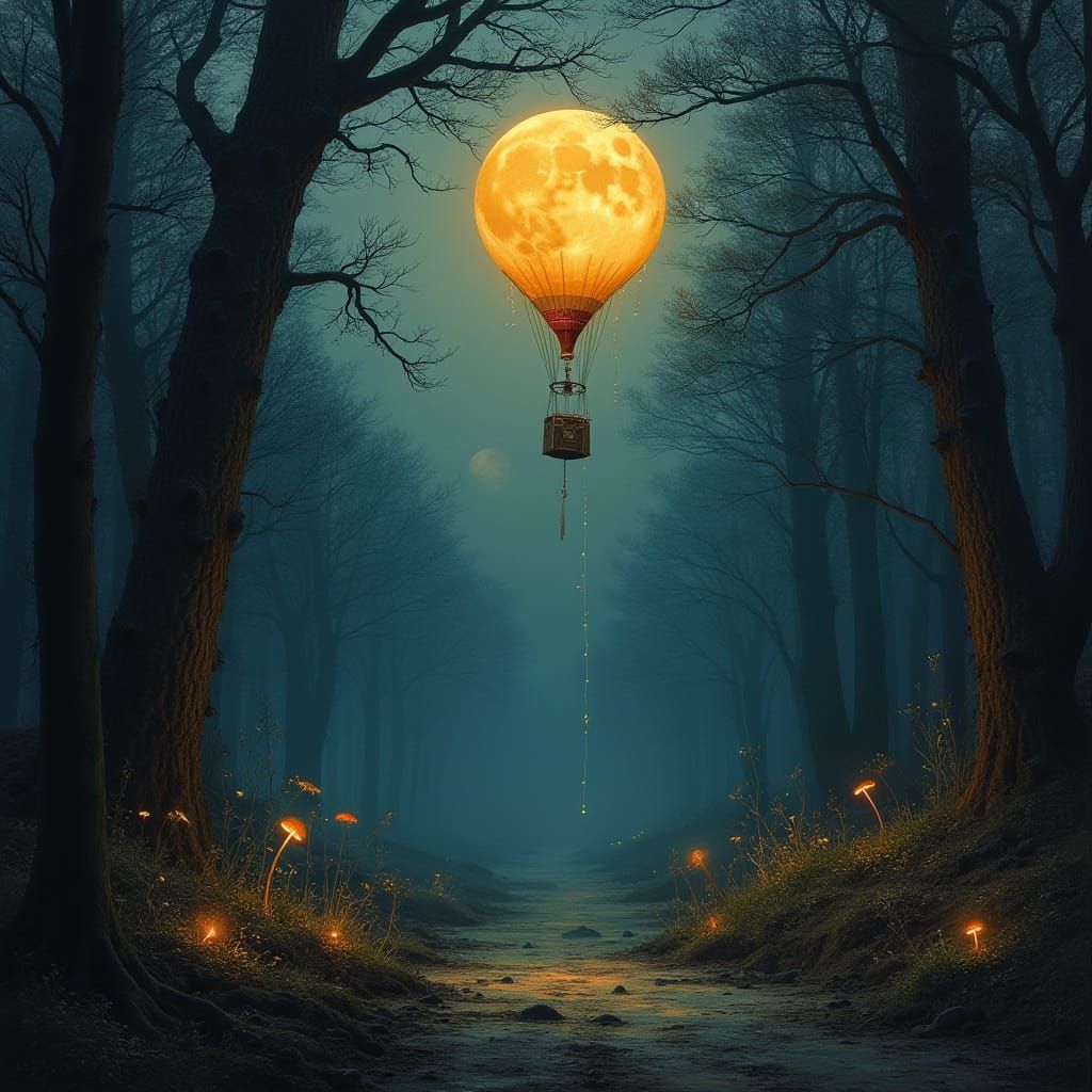 Moonlight Balloon Drifting Through Haunted Forest