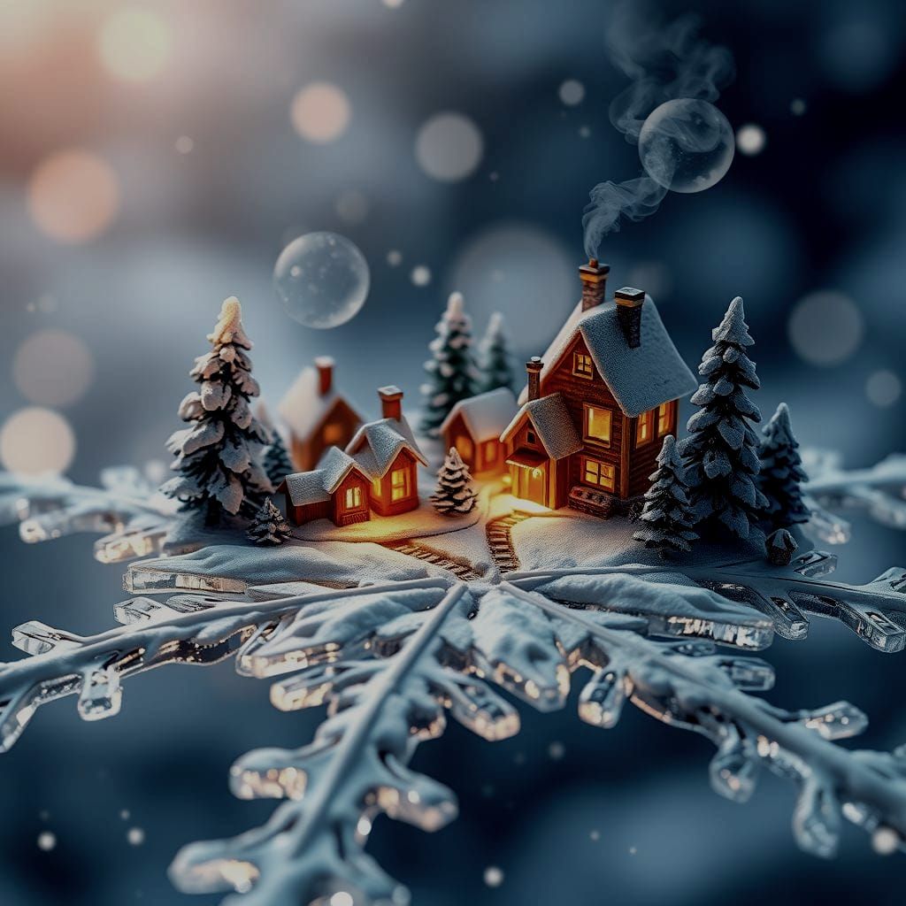 Enchanting Miniature Winter Village on Snowflake
