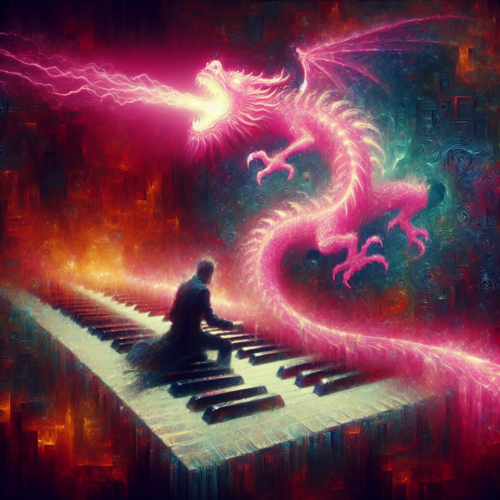Gothic Nightmares: Iridescent Piano Swallows Neon Dragon