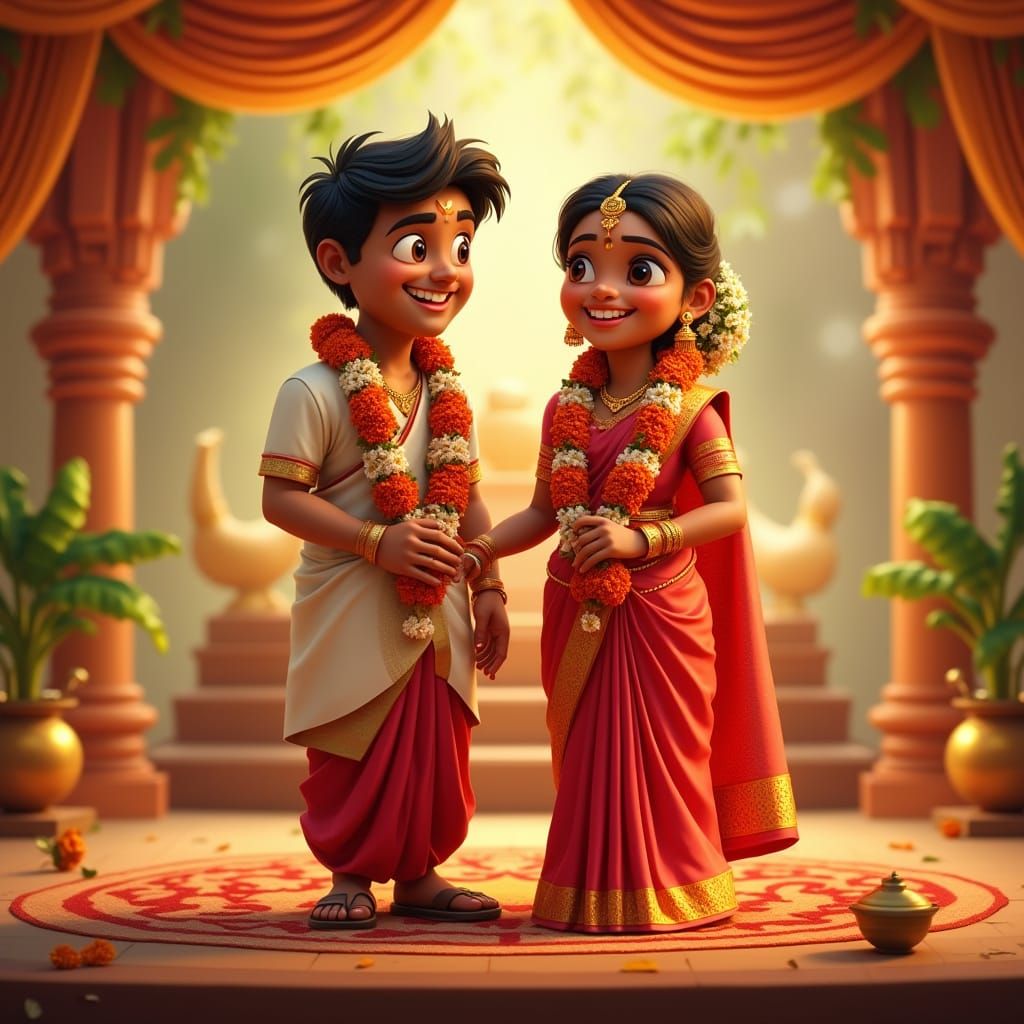 Vibrant Tamil Wedding Couple in Whimsical Traditional Attire