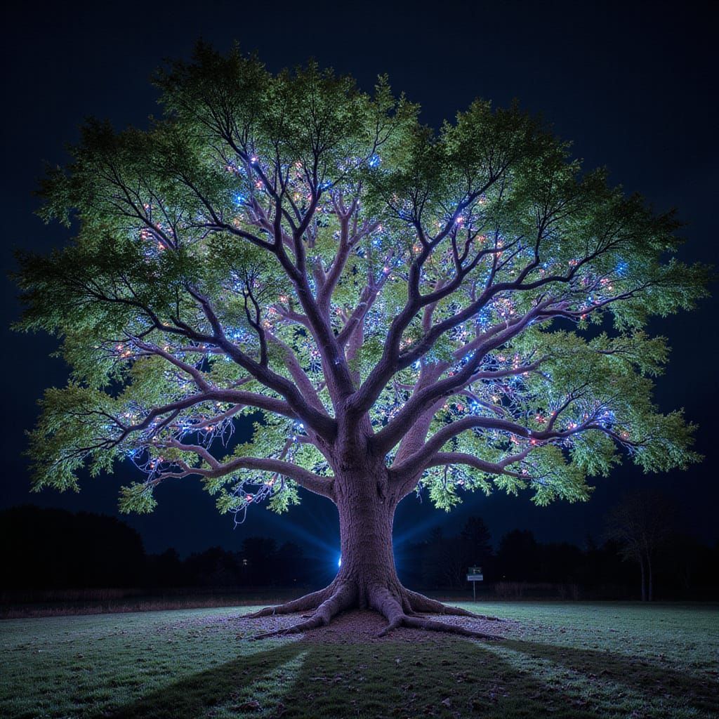 Majestic Tree Illuminated by Lights in Digital Art Style
