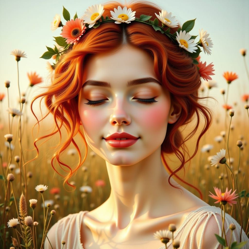 portrait of a young woman with striking red hair, her eyes c...