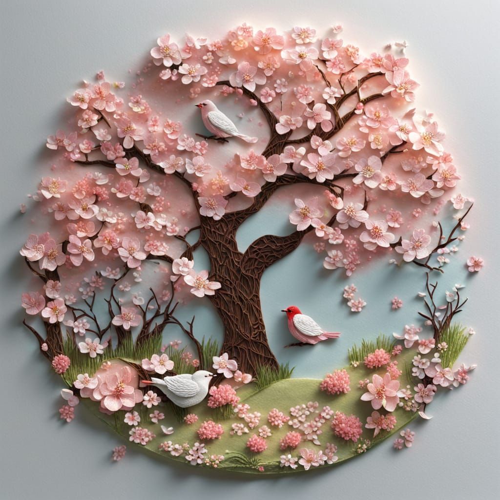 3D Stumpwork Cherry Blossom Tree in Meadow
