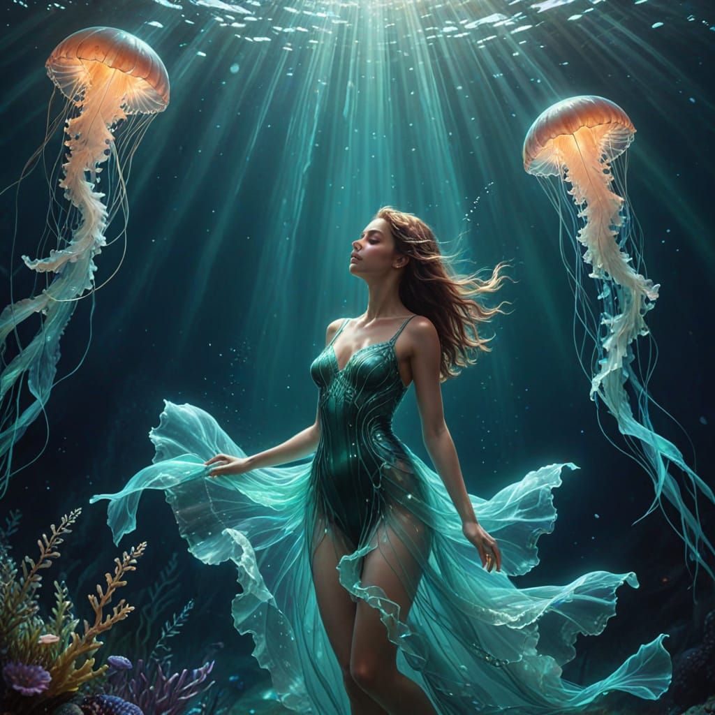 Ethereal Siren Dances Amidst Glowing Jellyfish in the Oceani...