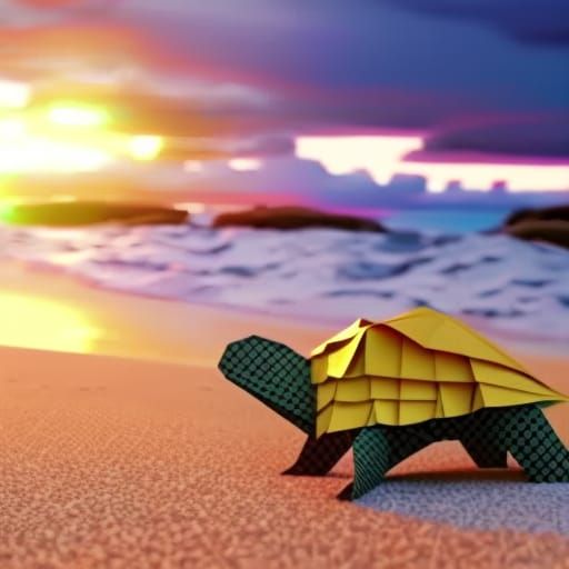 Beautiful cinematic hyperdetailed origami magic giant turtle...