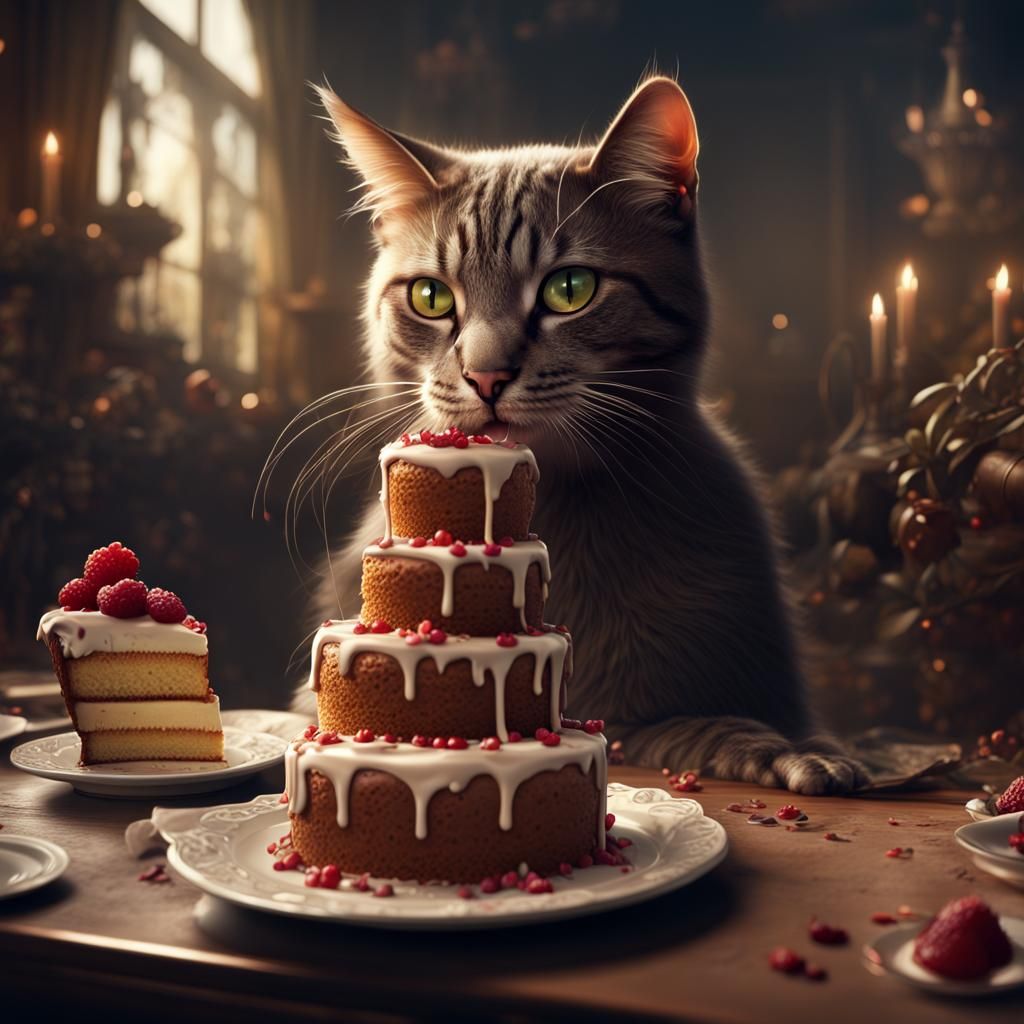 Cat Eating Cake: Epic Cinematic Digital Painting
