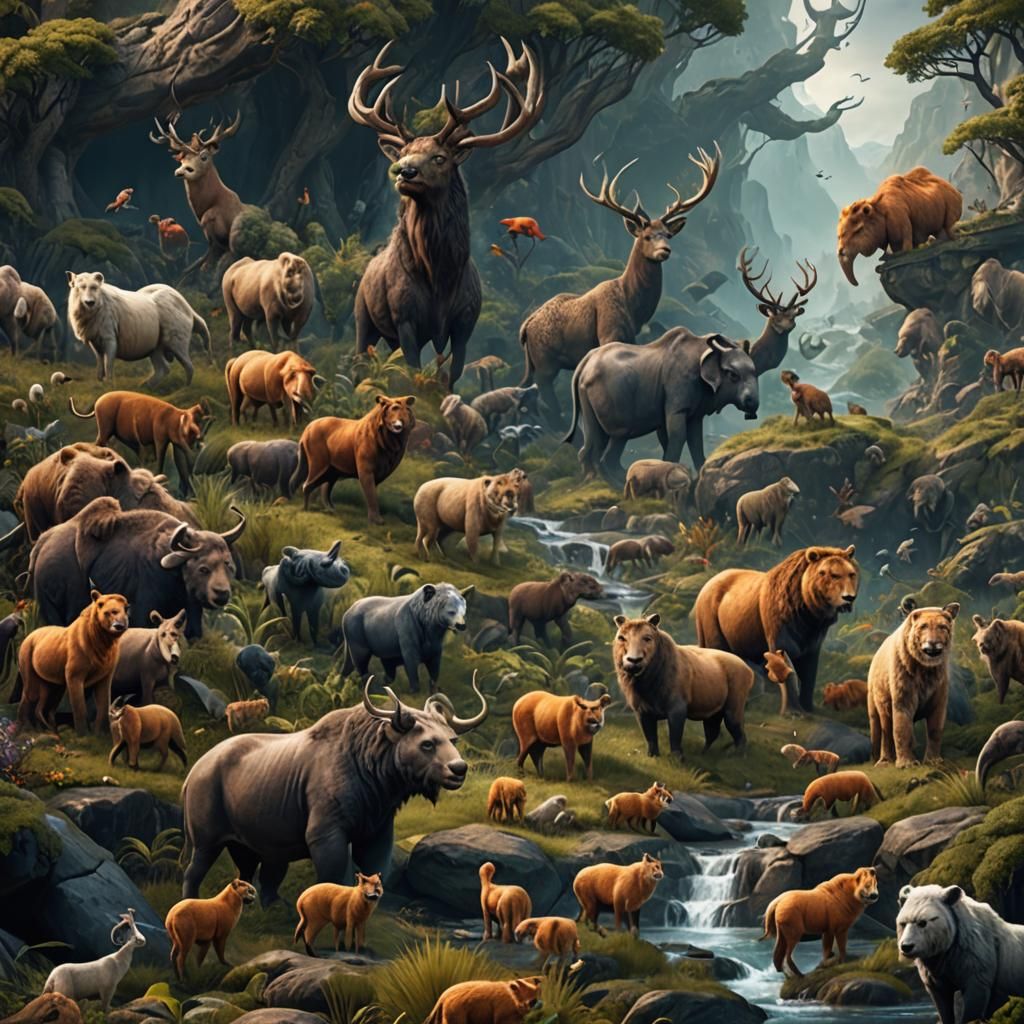 Wild Animals in Detailed Fantasy Landscape Art