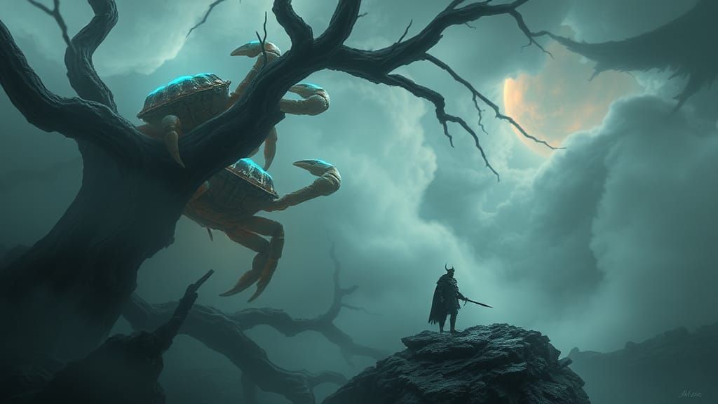 Ethereal Alien Crabs Ambush Viking in Surreal Forest