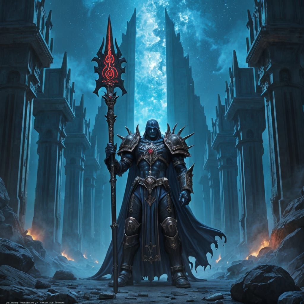 Arcane Priest Guarding Gothic Temple Under Starry Sky