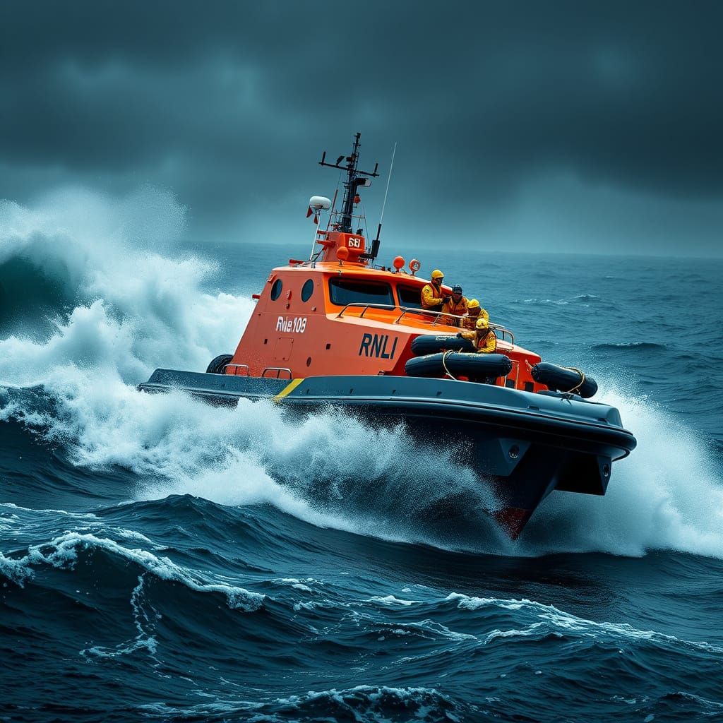 RNLI Lifeboat Races Through Stormy Seas