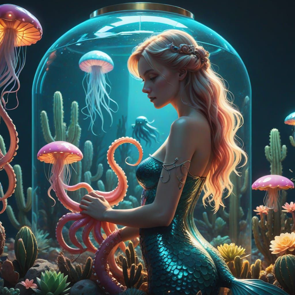 Surreal Mermaid Embraces Majestic Octopus in Whimsical Wonde...