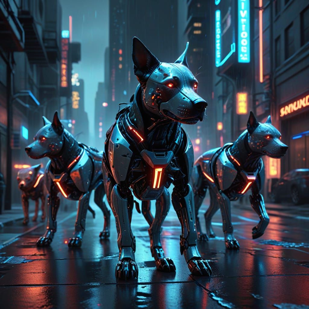 Cyberpunk Robotic Dogs March Through Neon Cityscape