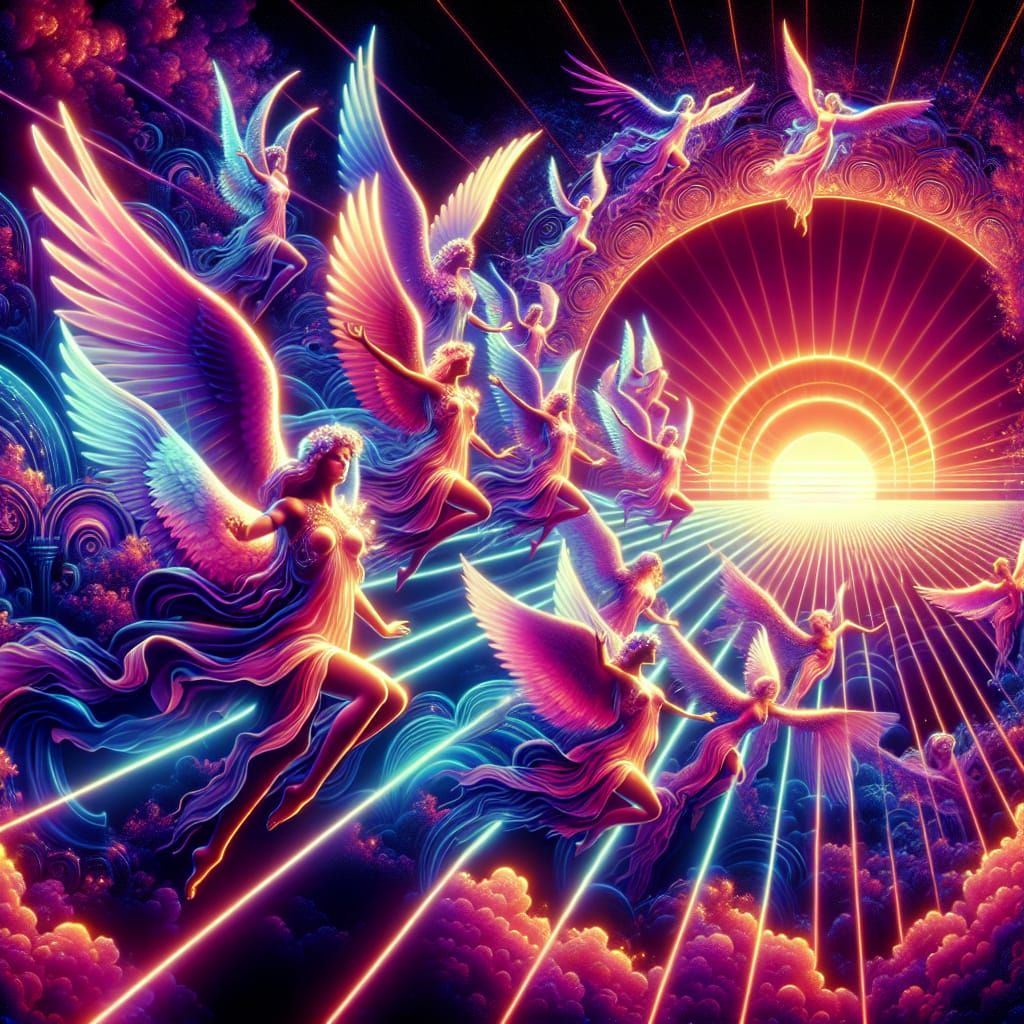 Angels Soaring at Sunset in Synthwave Style