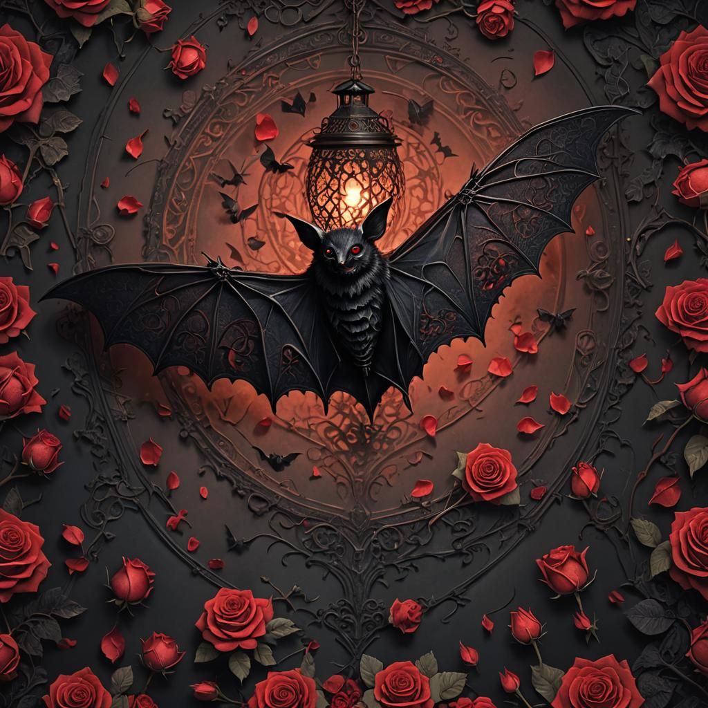 Mystical Black Lace Bat in a Rose Garden