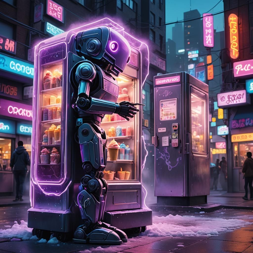 Robot Refrigerator Shoots Ice Cream in Neon City