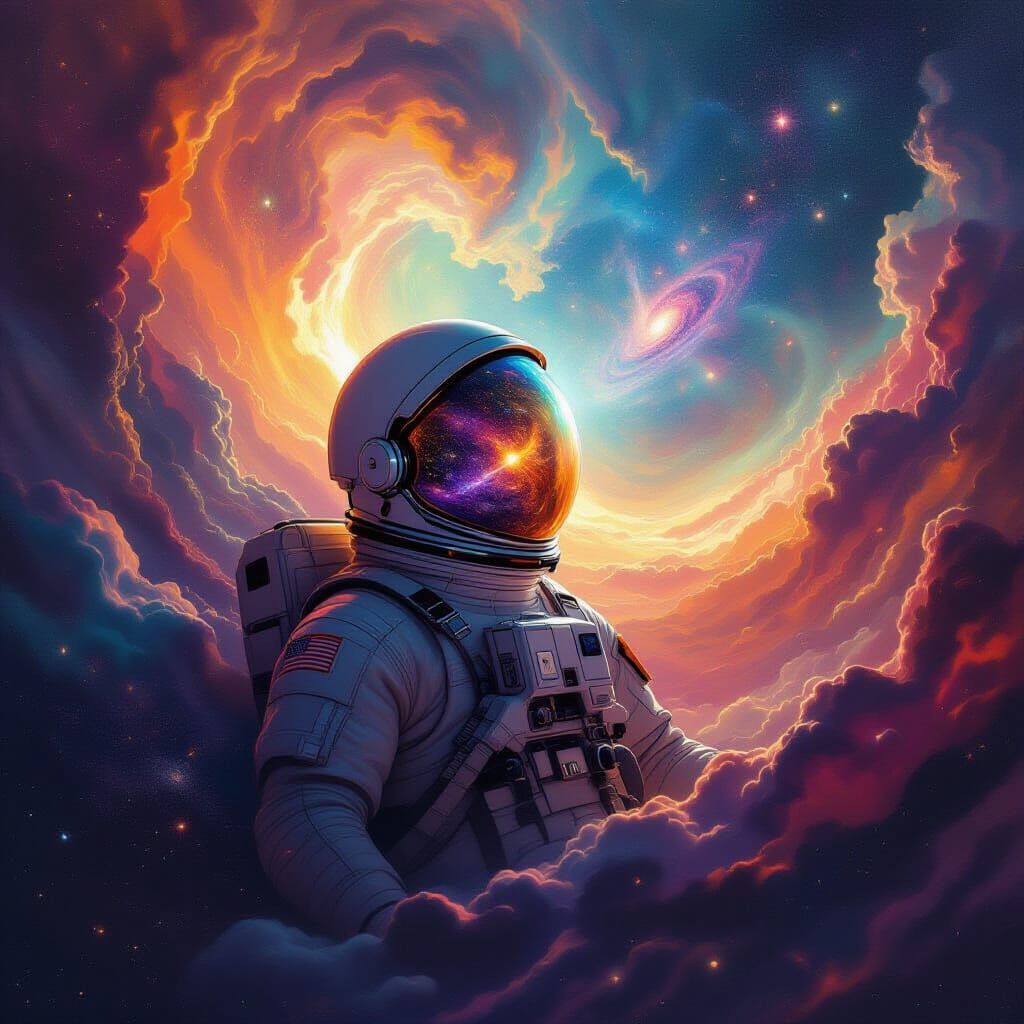 Astronaut in Nebula Reflecting Galaxy Oil Painting