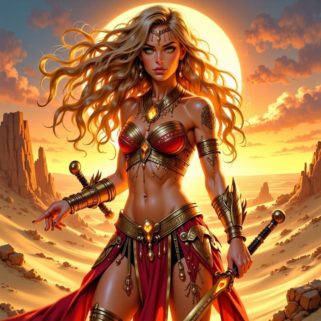 Majestic Golden Warrior in Desert Landscape