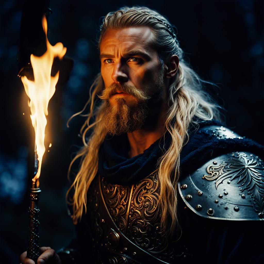 Viking Warrior Portrait at Night with Torch
