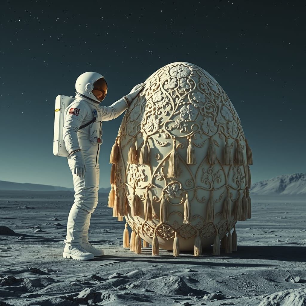 Astronaut Touches Giant Egg on Lunar Surface