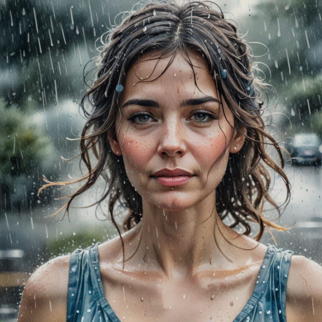 Woman in Rain, Watercolour Ink Splash Style