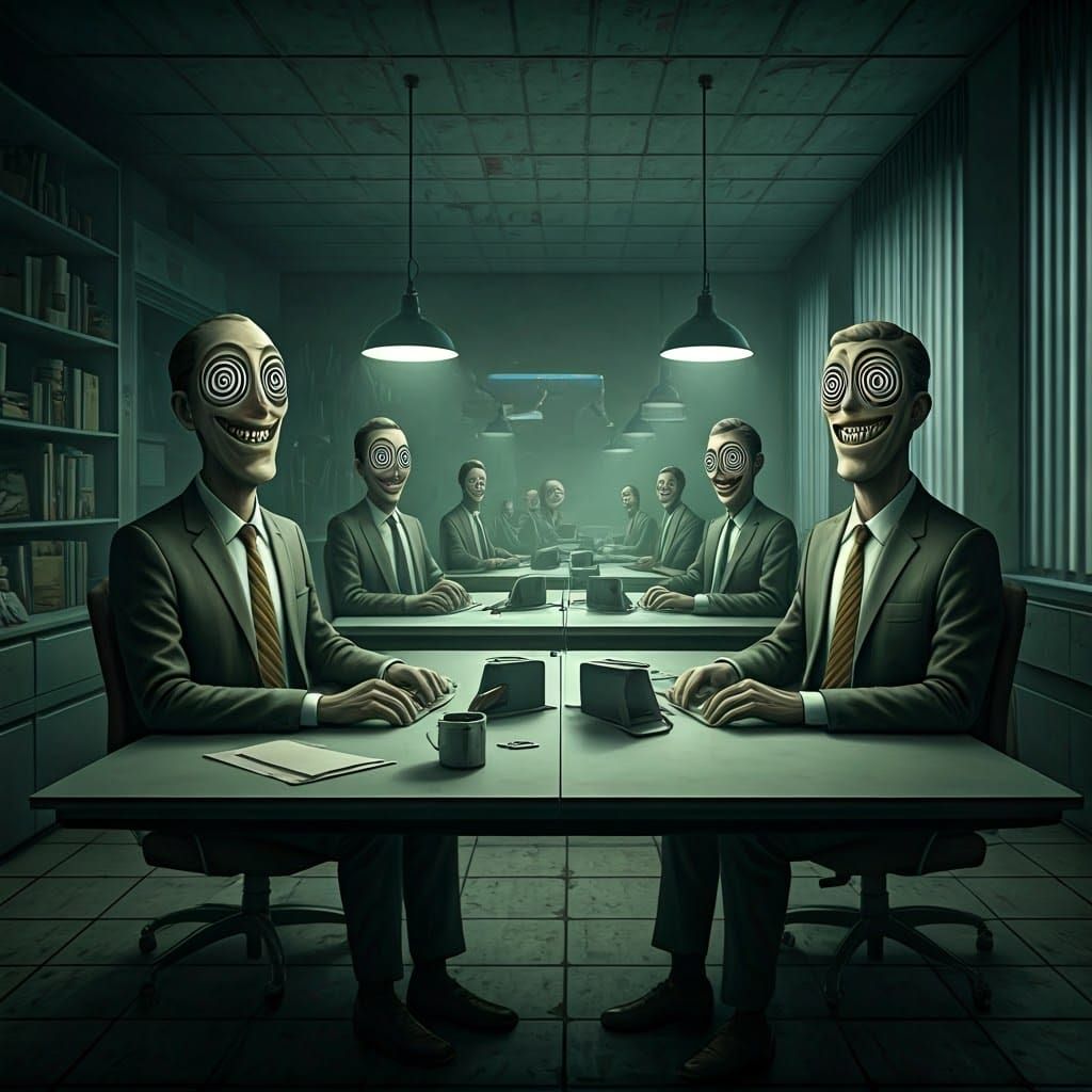 Unsettling Surreal Office Scene in Sci-Fi Style