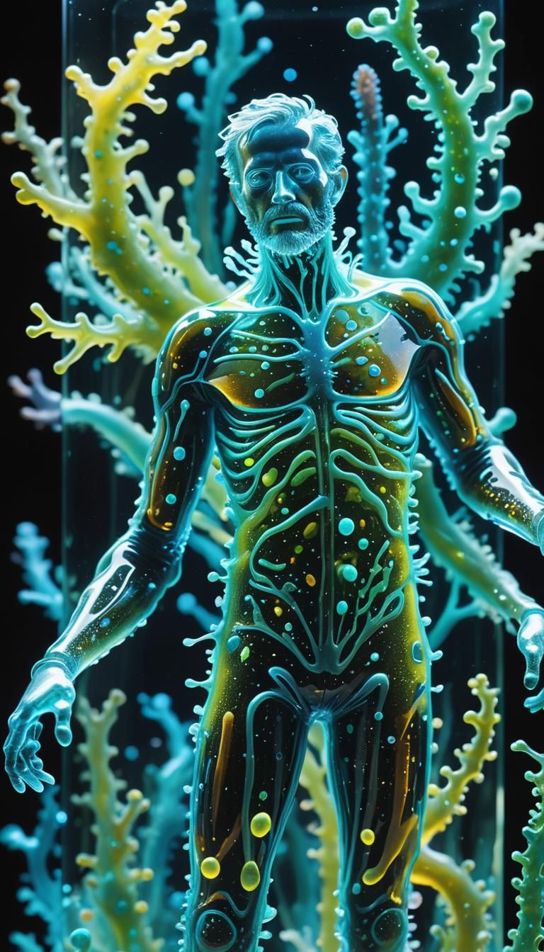 Bioluminescent Glass Man Sculpture with Glowing Bacteria