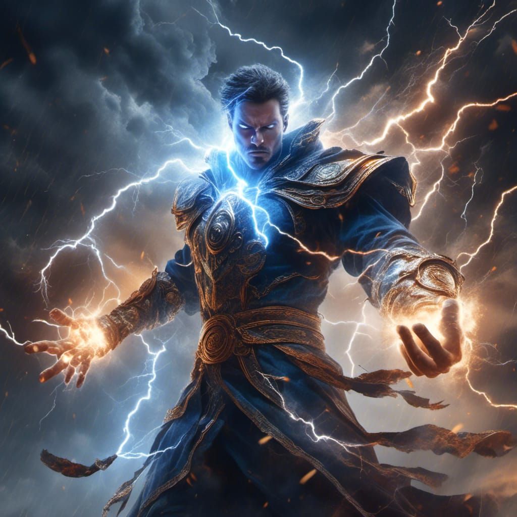 Powerful Mage Conjuring Lightning, Digital Art