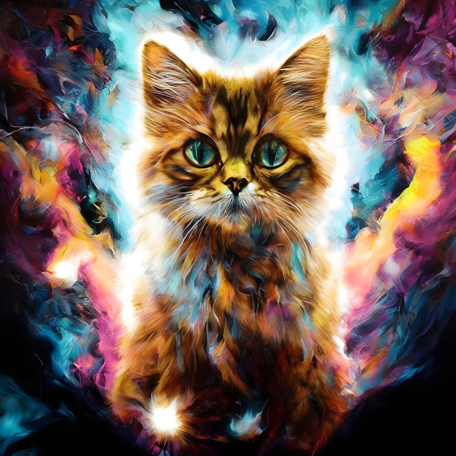 Adorable Fluffy Cat Portrait in Inkblot Style