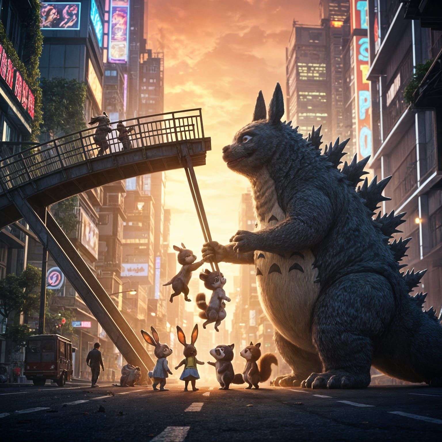 Kind Monster Helps Animal Children in Future City