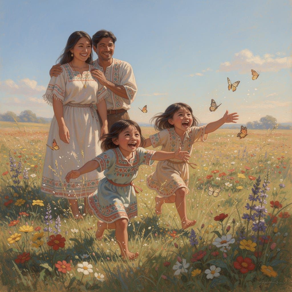 Joyful Indigenous Family Laughing in Sunlit Meadow
