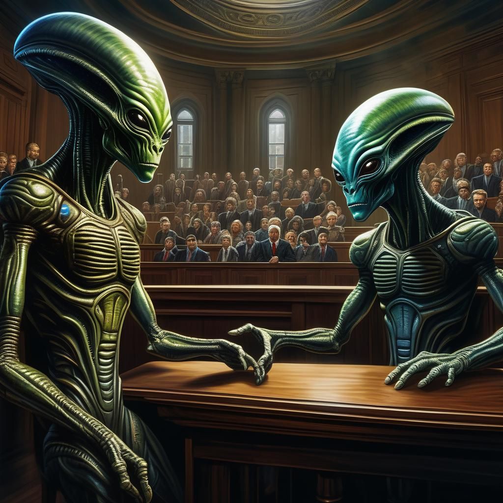 Aliens in Court: Hyperrealistic Digital Painting