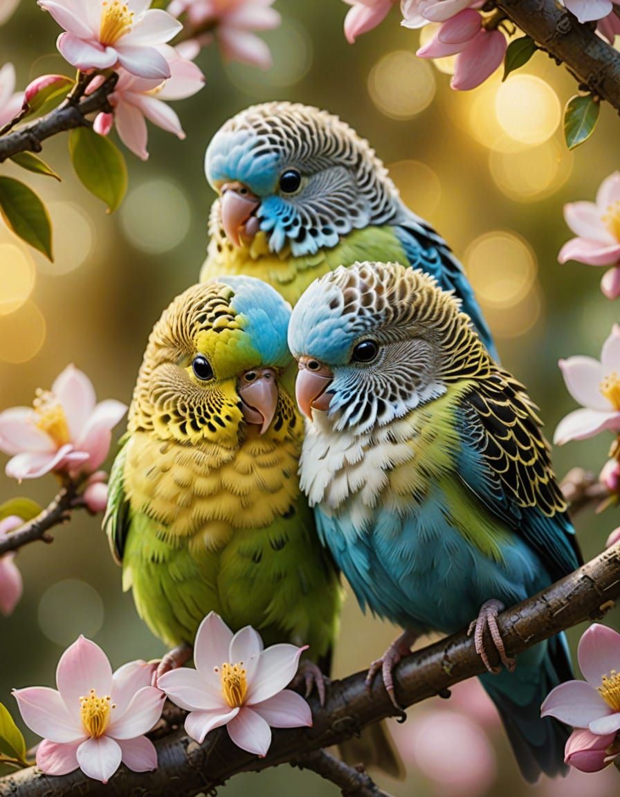 Baby Budgerigars on Magnolia Tree: Fantasy Concept Art