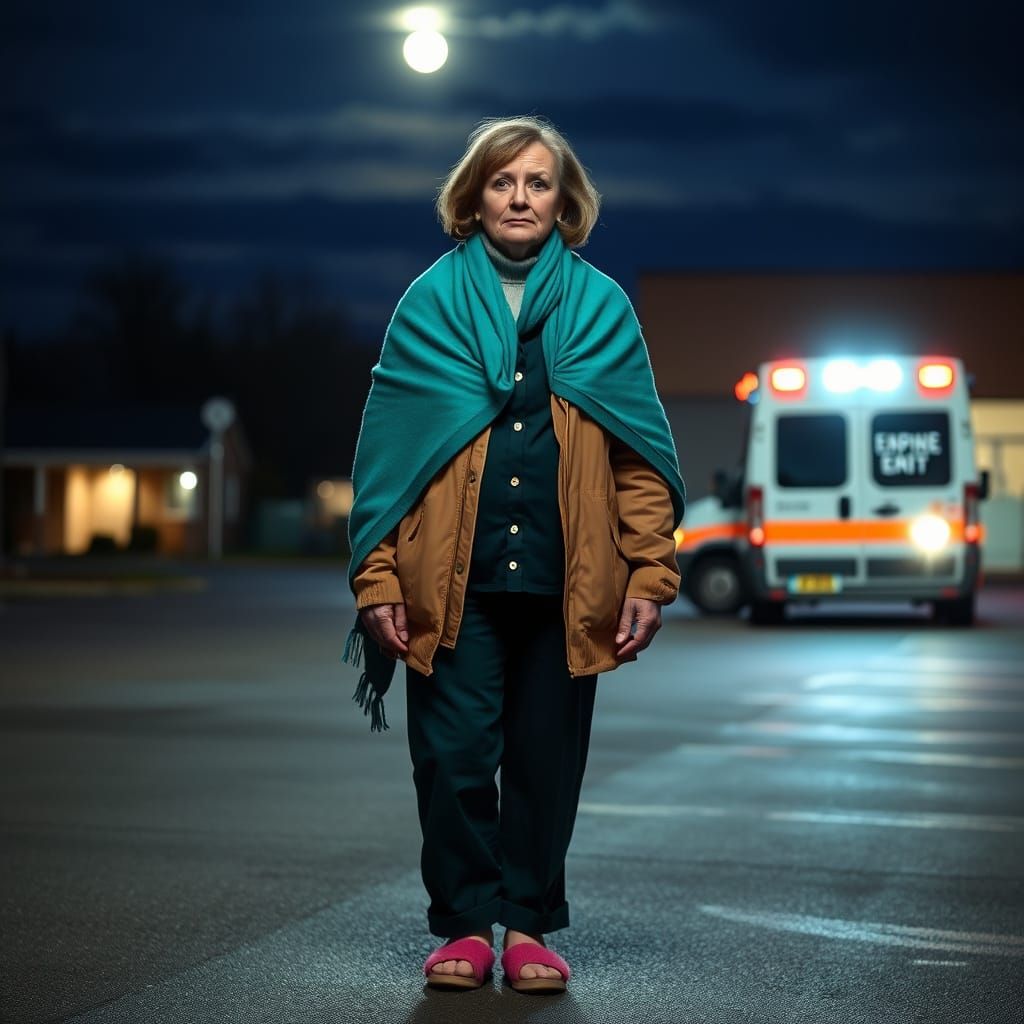 Desperate Woman in Hospital Parking Lot Under Moonlit Night