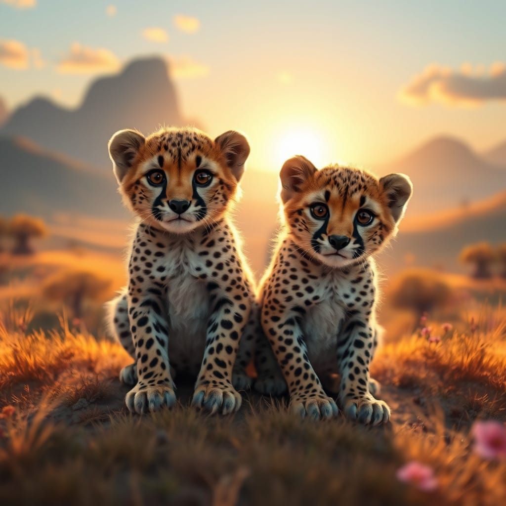 Surreal Cheetah Cubs Bask in Sunset Glow